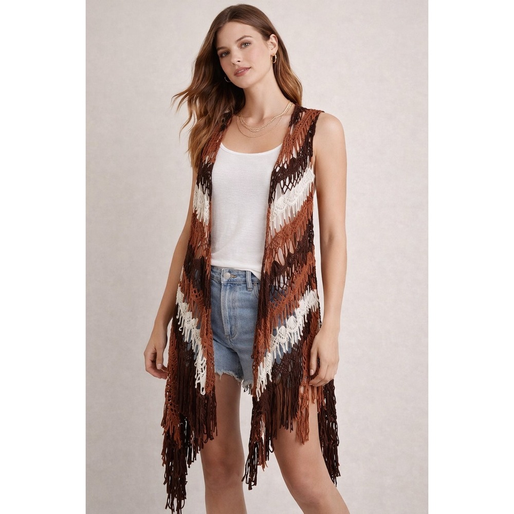 Crochet Fringe Duster Vest Boho Open Knit Festival Layered Cardigan Sz M Rue 21